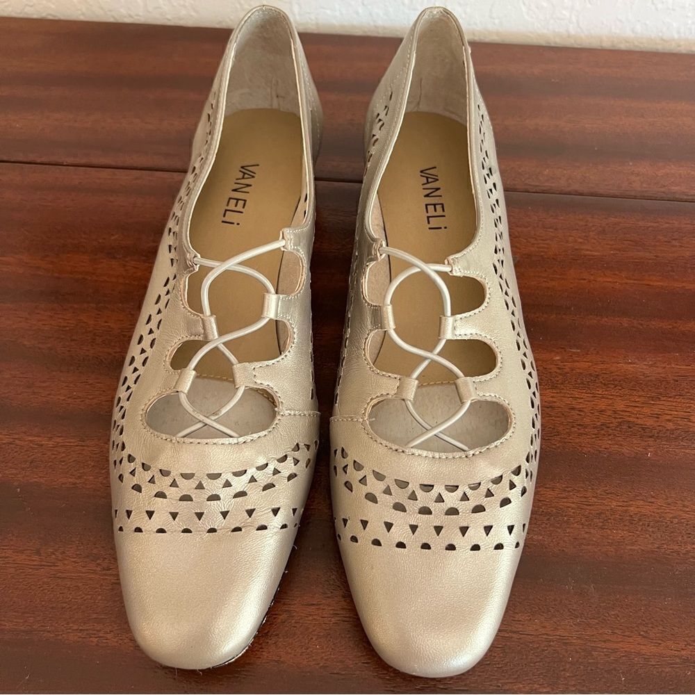 Vaneli Metallic Gold Fabra Laser Cut Oxford Flats. Size 7.5 S. Great Condition!!